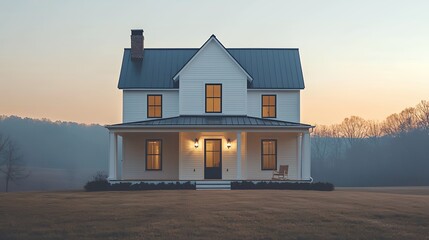 A stunning white farmhouse bathed in the soft glow of twilight.  The idyllic setting and warm lights create a sense of peace and tranquility.