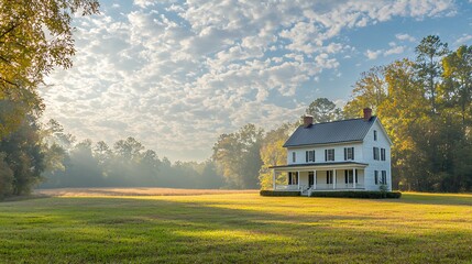 A charming white farmhouse sits peacefully on a vast green field at sunrise. The serene scene is filled with autumn colors, peaceful atmosphere, and beautiful morning light.