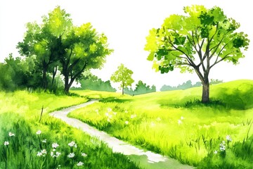 Watercolor painting of a winding path through a vibrant green meadow with lush trees and daisies.