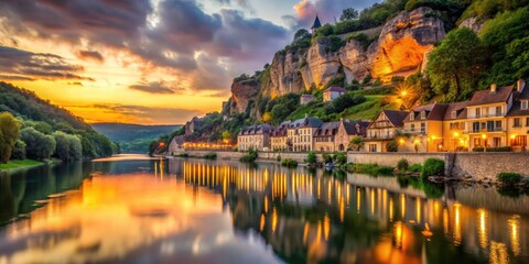 Fototapeta premium Dordogne's La Roque-Gageac: a picturesque village sunset captured in a breathtaking long exposure.