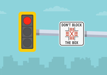 Driving tips and traffic regulation. Close-up view of a traffic light with red signal and "don't block the box" road sign. Flat vector illustration template.