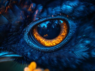 Close-up shot of a bird's eye, showcasing intricate details and vibrant colors. A masterpiece of nature's artistry.