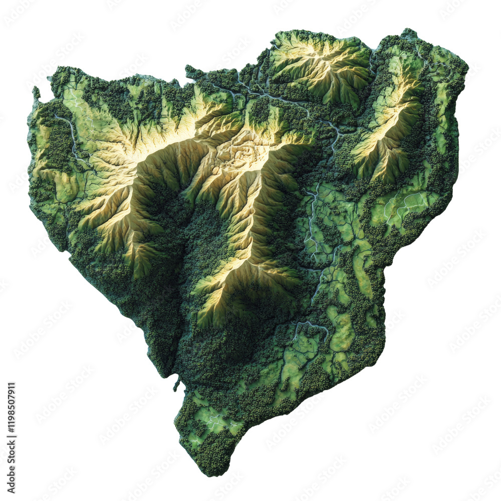 Poster A three dimensional digital rendering showcases a lush green island with mountainous terrain and dense forest.