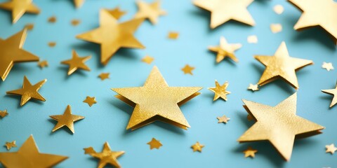 Fototapeta premium A craft project made of paper featuring cut-out gold stars in various shapes.