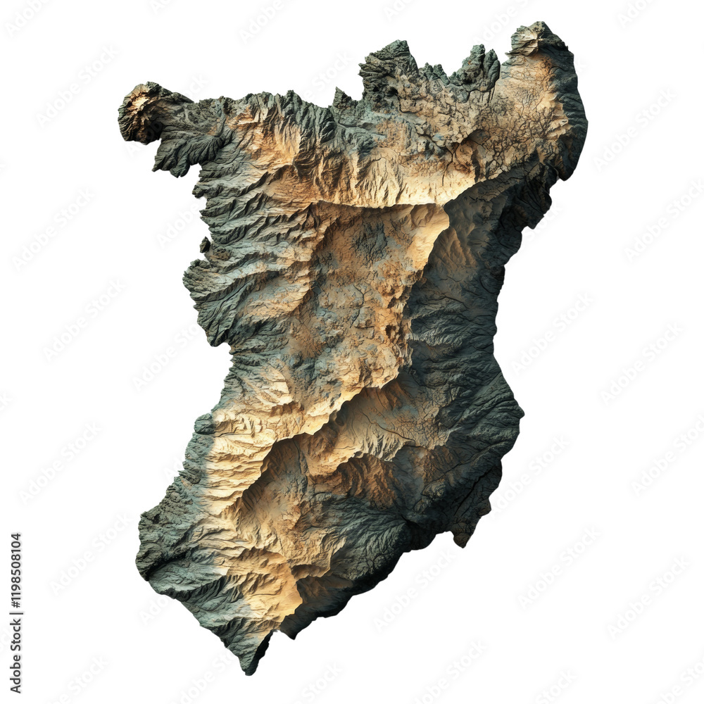 Poster A three dimensional topographic map showcasing the detailed relief of a mountainous region with varying elevations and textures.