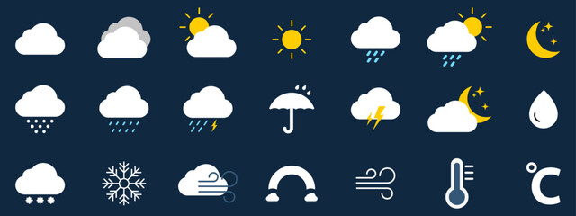 Flat weather icons set on dark background showing sun, clouds, rain, snow, wind, thunder, temperature, moon, and humidity. Perfect for apps, forecasts, UI design, and climate visuals.