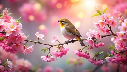 Floral dress, blossoming branch, perched birdâ€”a spring editorial showcasing avian-inspired fashion photography.