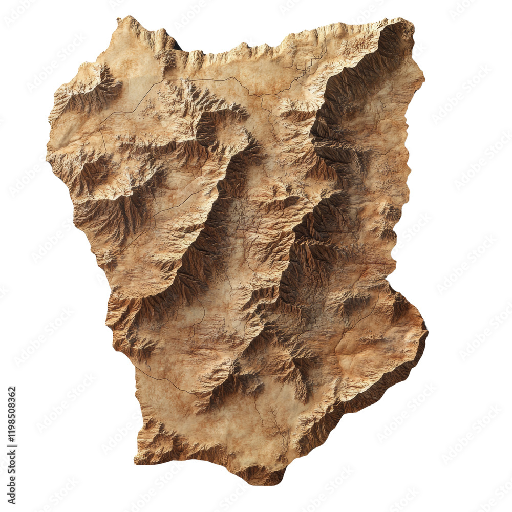 Poster A three-dimensional topographic map showcasing the intricate detail of a mountainous region's terrain and elevation changes.