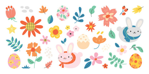 Obraz premium Happy Easter comic element vector set. Cute hand drawn rabbit, easter egg, spring flowers, leaf branch. Collection of doodle animal and adorable design for decorative, card, kids.