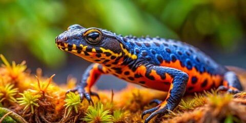 Fototapeta premium Alpine Newt (Ichthyosaura alpestris) Breeding Season Aerial View - Vivid Colors and Natural Habitat