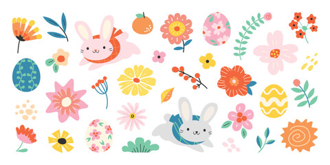 Happy Easter comic element vector set. Cute hand drawn rabbit, easter egg, spring flowers, leaf branch. Collection of doodle animal and adorable design for decorative, card, kids.
