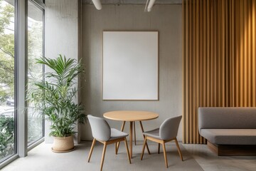 Modern minimalist office lounge with blank canvas, wooden wall, and seating area.