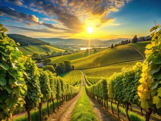 Fototapeta premium Golden sunlight bathes vibrant green Riesling vines, ripe grapes glistening in the summer heat.