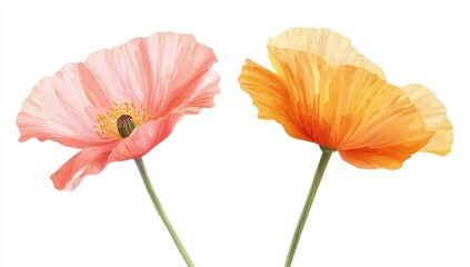Fototapeta premium Two delicate poppies, peach and orange, isolated on white.