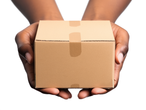 hand holding a cardboard box isolated