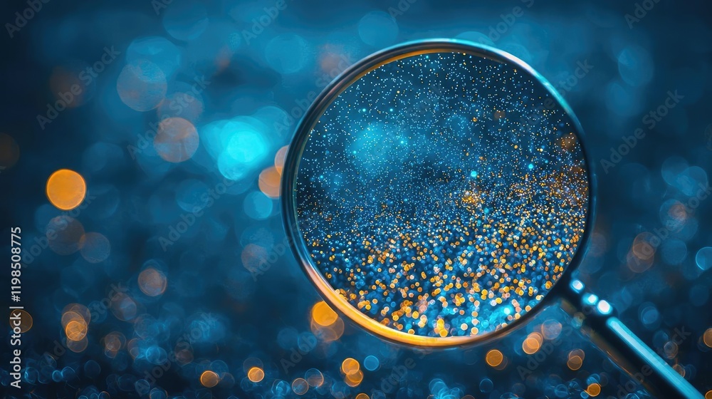 Poster dust pollution idea. close-up of a magnifying glass reflecting bright abstract particles in blue ton