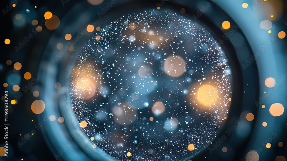 Aufkleber Dust pollution idea. Abstract view through a lens highlighting dazzling bokeh and star-like patterns.