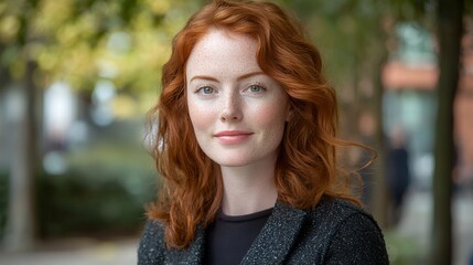 A beautiful redhead woman with freckles smiles gently in a park setting. Her casual attire adds to her natural charm.