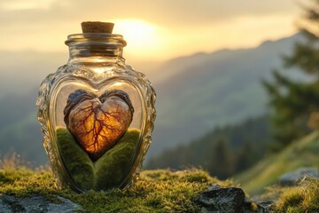 Obraz premium A preserved heart in a heart-shaped bottle rests on mossy rocks at sunset, bathed in golden light.