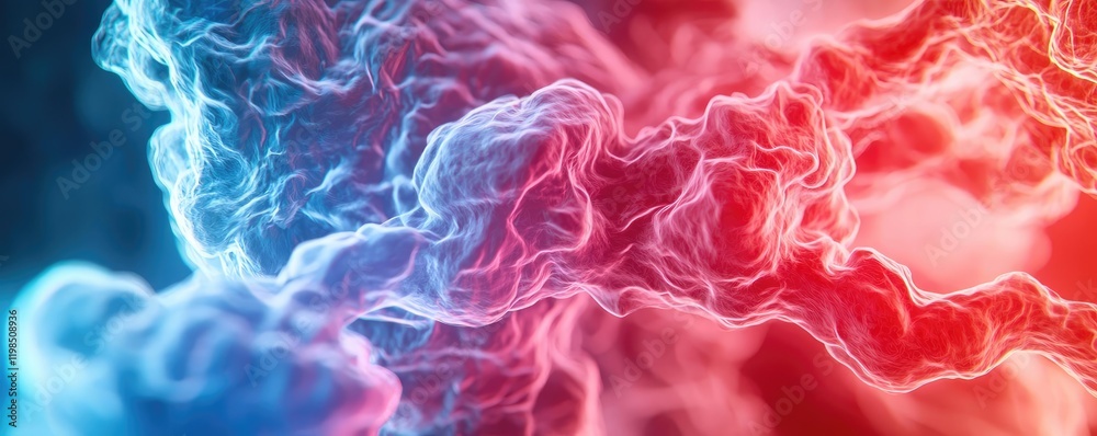Poster Dust pollution idea. Abstract visualization of colorful smoke waves in red and blue tones.