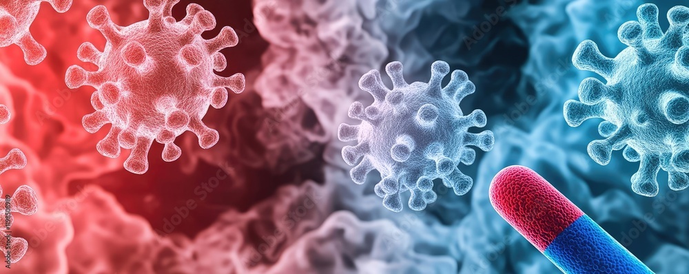 Aufkleber Dust pollution idea. Vivid representation of virus particles in a blurred environment of red and blue hues.