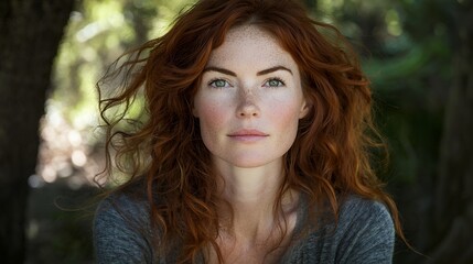 A captivating portrait of a redhead woman, freckles visible, amidst a natural outdoor setting.  The image showcases beauty and serenity.