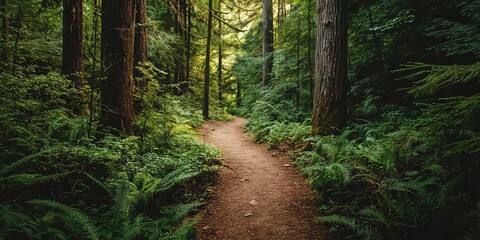 A trail winding through jungle plants, surrounded by towering trees and thick foliage.
