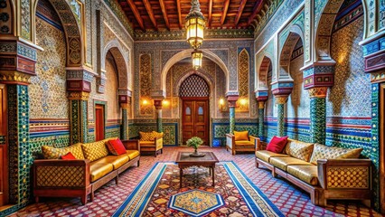 Obraz premium Intricate Moroccan hotel patterns, photographed in high resolution with deep depth of field, reveal exquisite textures.