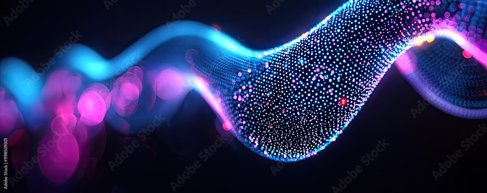 Poster Dust pollution concept. Abstract wave of colorful particles flows in a digital ocean, representing technology.