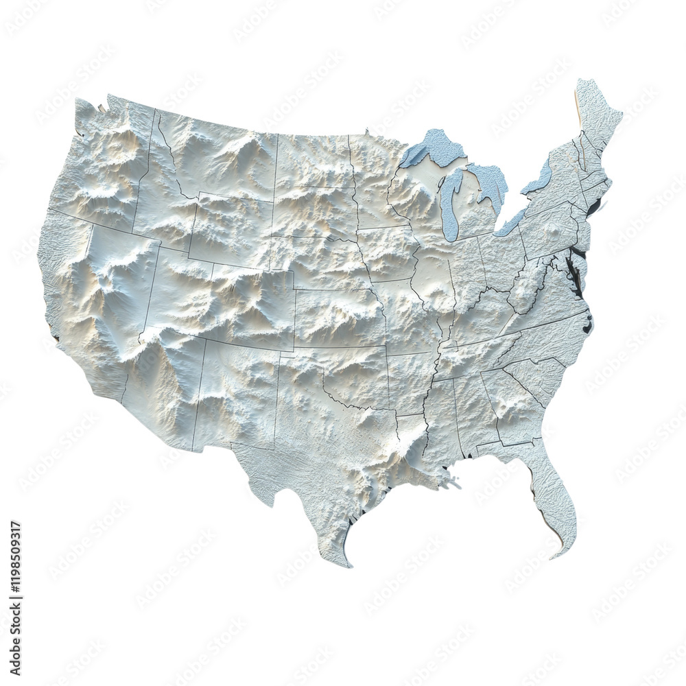 Poster a three-dimensional topographic map of the united states showcasing its diverse geographical feature
