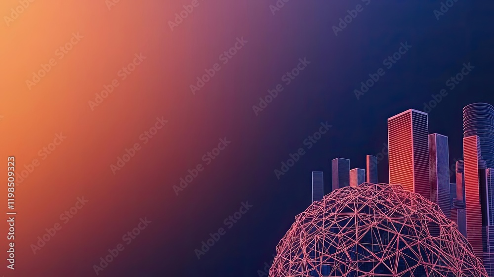 Poster Dust pollution concept. Futuristic city skyline with a digital globe of interconnected data points.