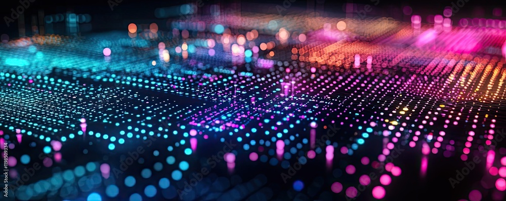 Poster Dust pollution concept. Vibrant digital abstract background with glowing lights and colors.