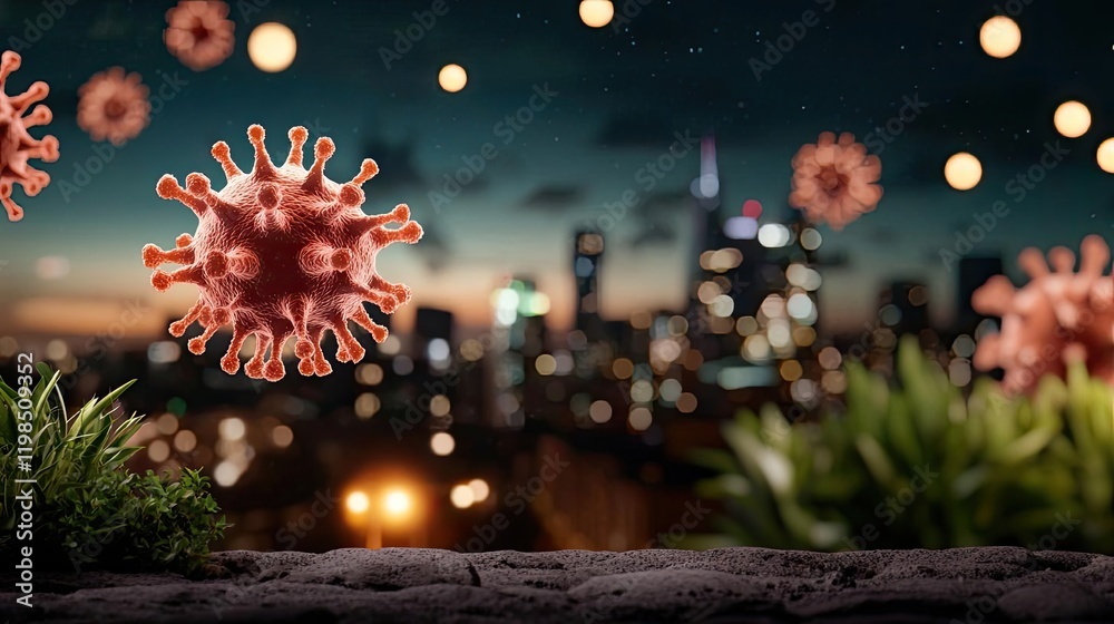 Poster dust pollution concept. artistic representation of virus cells floating over a cityscape at night.
