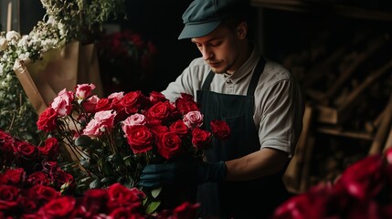 Florist collects a bouquet of flowers from red roses.