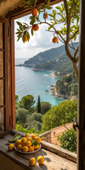 Scenic Coastal View Through Window with Lemons and Mediterranean Landscape