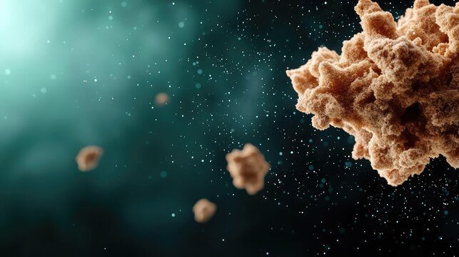 Dust pollution concept. Abstract depiction of cosmic dust particles floating in a mystical dark background.