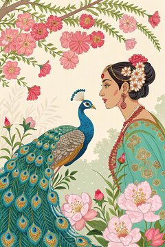 A woman with a peacock in the garden