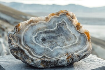 A stunning agate geode with captivating concentric bands of grey, white, and brown hues, showcasing nature's artistry.