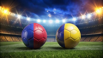 Fototapeta premium Andorra & Liechtenstein Soccer Balls on Stadium Night - 3D Render