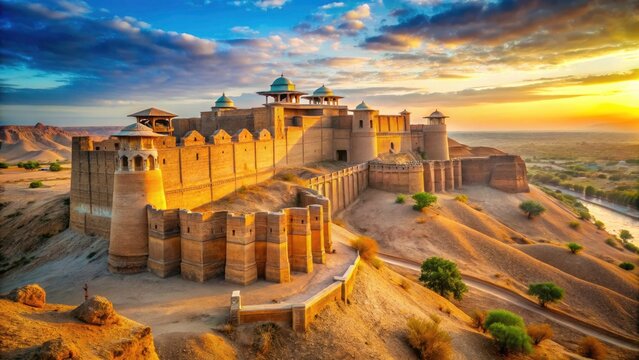 Majestic Moj Garh Fort crowns Cholistan's sun-baked landscape; architectural photography captures its Bahawalpur heritage in Punjab, Pakistan.
