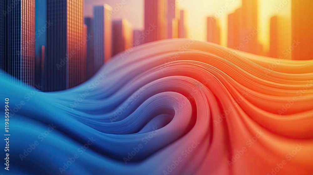 Poster dust pollution concept. abstract wave patterns with vibrant colors and a city skyline background.