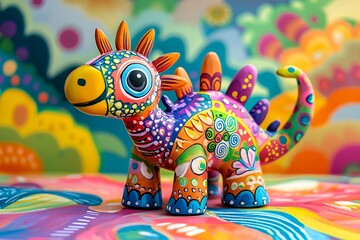 Fototapeta premium Close-up of a vibrant, hand-painted stegosaurus figurine. The figurine is colorful and detailed