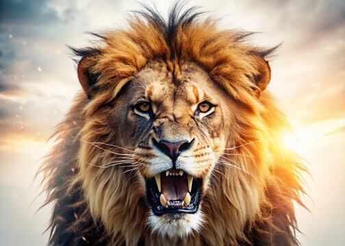 Angry Lion Silhouette Attacking - Dramatic Wildlife Landscape Stock Photo