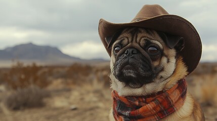 A charming pug dog, dressed in a cowboy hat and scarf, gazing across a vast desert landscape.