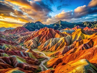 Rainbow hues paint Zhangye Danxia's dramatic landscape; long exposure photography reveals its ethereal beauty.