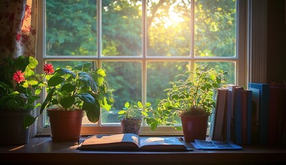 Sunlight Illuminates Plants, Books, and Serene Window View: A Peaceful Morning