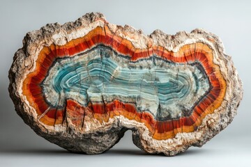 Obraz premium A mesmerizing cross-section of petrified wood showcasing vibrant orange, red, and blue agate layers.