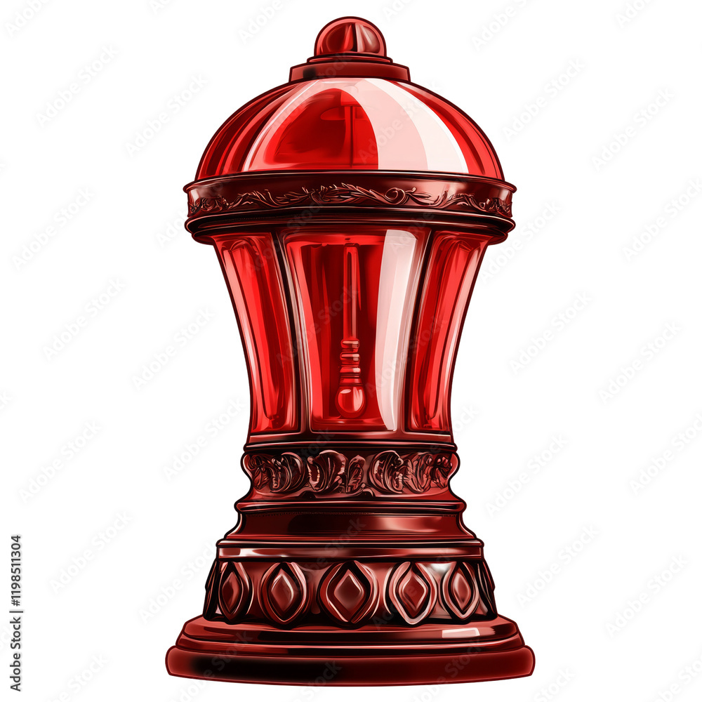 Poster a digitally rendered image of an elegant red glass lamp with intricate ornate detailing on its base 
