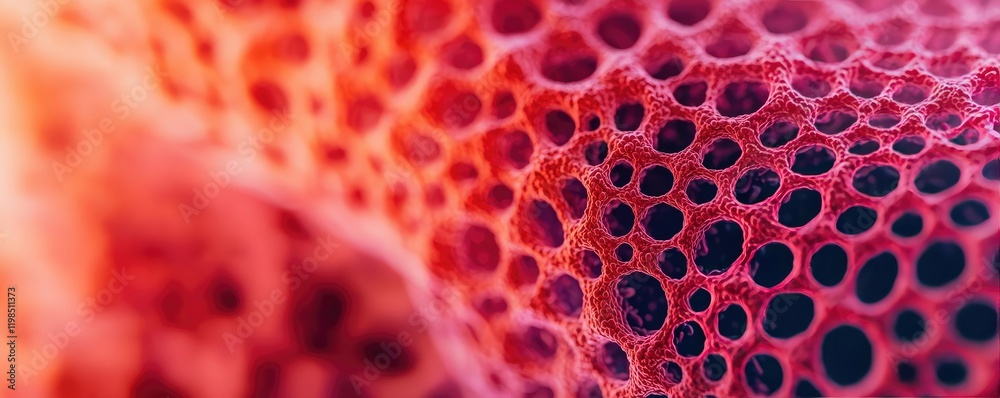 Poster Dust pollution idea. Close-up view of cellular structures under vibrant light, showcasing detailed patterns.