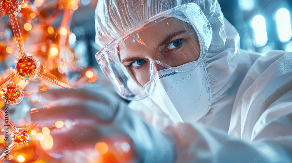 Poster biotech engineer in protective gear examines molecular structures with focus and precision, showcasi